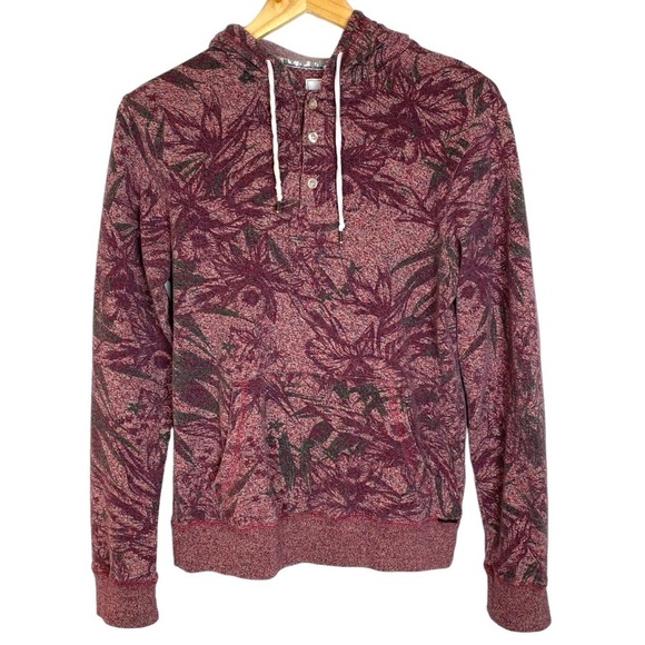 Pacsun On the Byas Women's Small Hoodie Drawstring Maroon‎ Pink Tropical Print - Picture 1 of 10